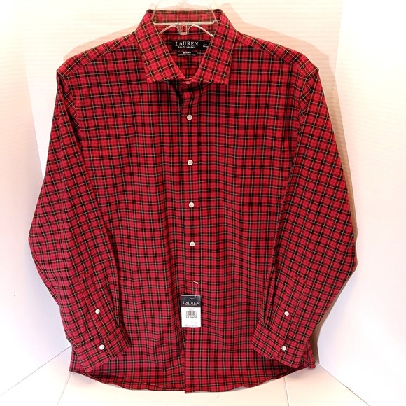 Lauren Ralph Lauren Red Plaid Slim Fit Non Iron Button Down Shirt Men 17 34/35 - Picture 1 of 10